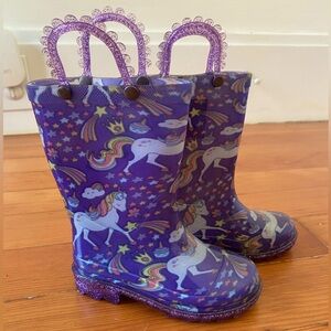 Purple Unicorn Rain Boots with pull on straps